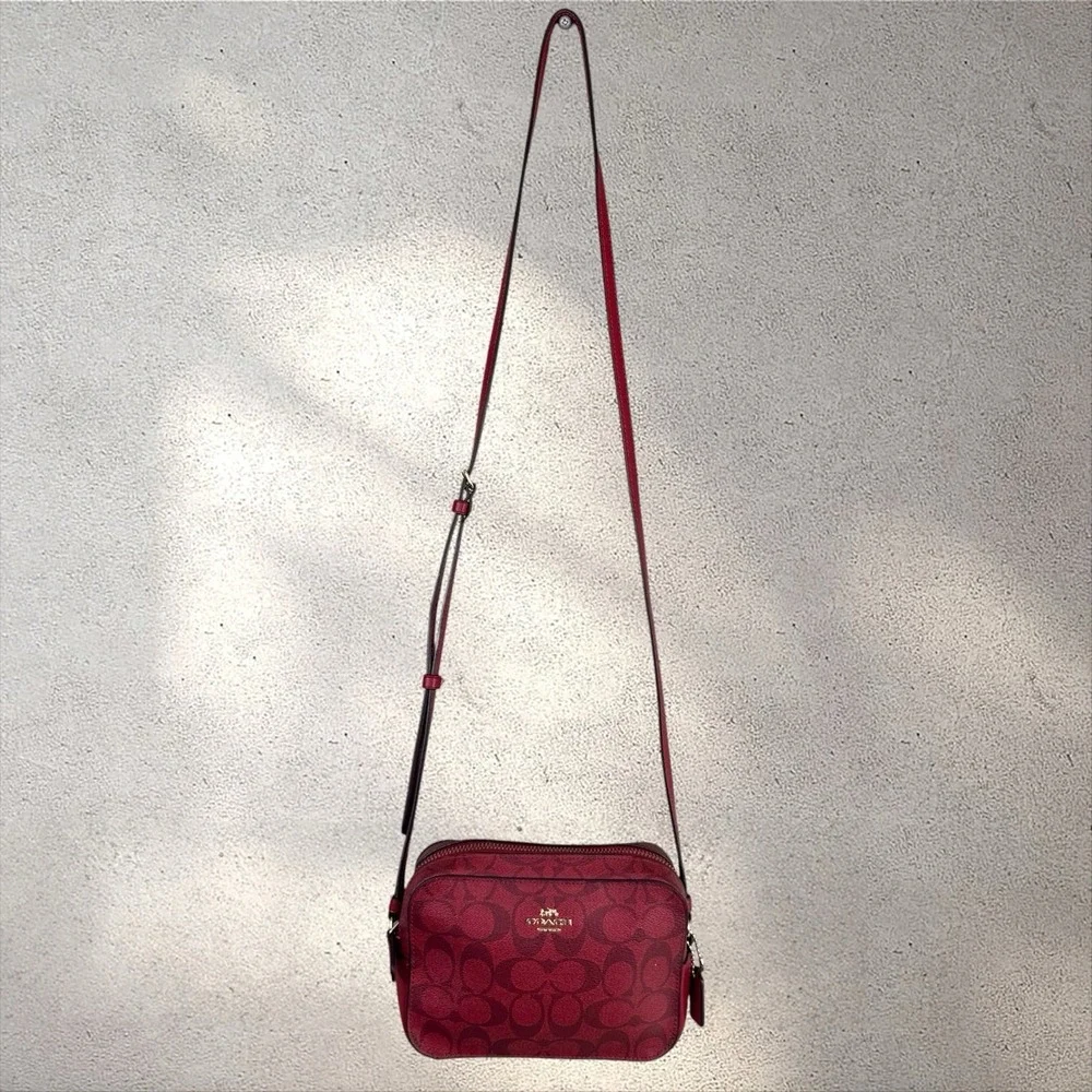 Coach Mini Camera Bag Red Crossbody Signature C Coated Canvas Leather 91677